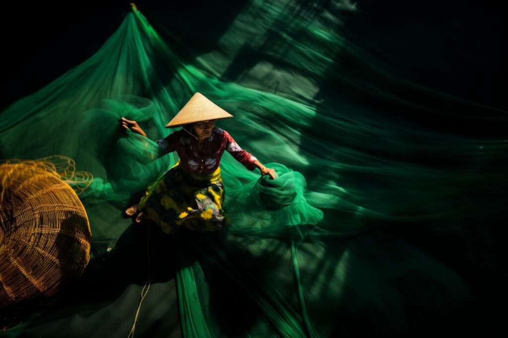 Vietnamese woman fixing nets